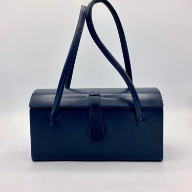 Vintage 1950s Navy Leather Box Purse, 50s Top Handle Bag, Blue Theodor of California Mid-Century Handbag, VFG 