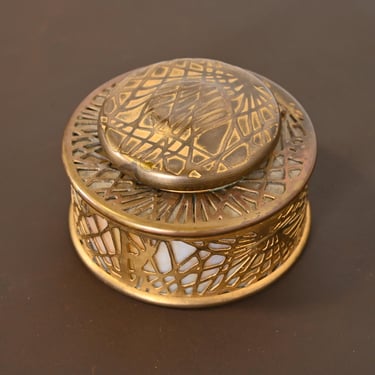 Tiffany Studios New York Pine Needle Bronze Doré and Slag Glass Inkwell