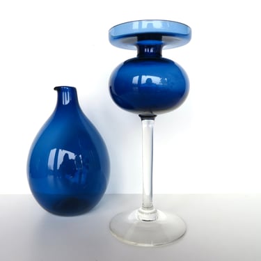 Vintage Iittala Blown Glass Candle Holder Vase By Erkki Vesanto, 1960s Scandinavian Blue Glass Art 