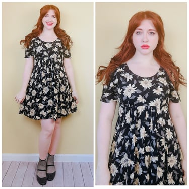 1990s Vintage Paquette Too Grunge Mini Dress / 90s / Nineties Short Sleeve Empire Waist Floral Black Dress / Size Medium 