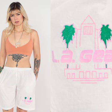 LA Gear Shorts 90s White Beach Shorts Summer Neon Palm Tree High Waisted Retro Vintage 190s Elastic Waist Casual Hipster Medium Large 