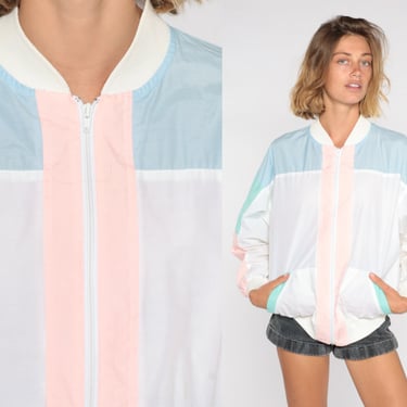 Pastel Windbreaker 80s Color Block Jacket White Baby Blue Pink Zip Up Striped Warmup Colorblock Jacket Retro Warm Up Vintage 1980s Medium M 