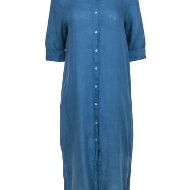 120% Lino - Blue Button Front Crop Sleeve Shirt Dress Sz 6