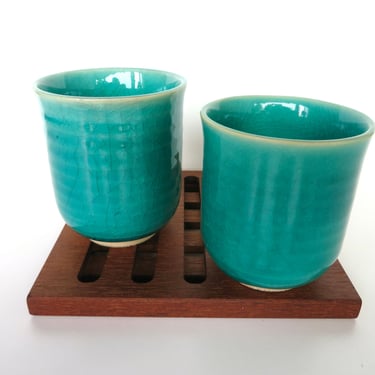 2 Japanese Yunomi Studio Pottery Cups, Hand Crafted Turquoise Glazed Matcha Green Tea Cups 