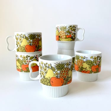 Vintage Mug Set/Set of 6 Cups/MCM made in Japan Ceramic Cups/White Orange Yellow 
