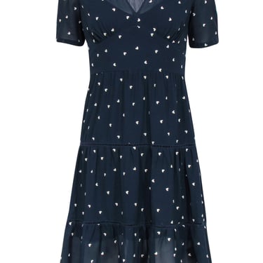 Gerard Darel - Navy &amp; White Heart Embroidered Tiered A-Lined Dress Sz 6