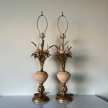 Italian Hollywood Regency Carved Marble Sheaf- of -Wheat Table Lamps - a Pair 