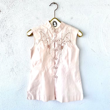 Vintage Asian Lace Cutout Pink Shirt Chinese Floral Shirt Vest 