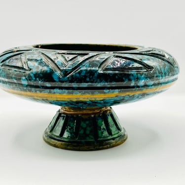 Mid Century Made In Italy Turquoise and Black Glazed Geometric Design Footed Bowl by LeChalet