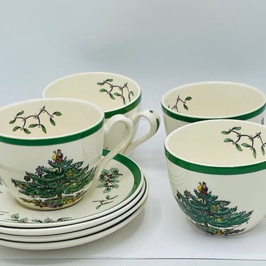 Set of four Coffee Mug Tea Cup and Saucers classic Christmas Tree china pattern made by Spode circa 1980's- excellent condition 
