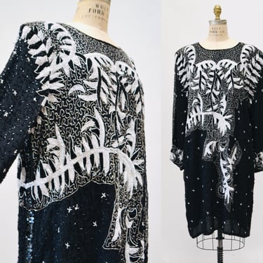 80s GLAM Vintage Black White Sequin Party Dress XL X Large// Vintage Black Sequin Dress Flapper Disco 3X Plus Size Vintage Beaded dress 