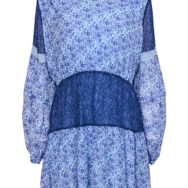 Nicole Miller - Blue Floral Silk Patchwork Peasant Dress Sz L