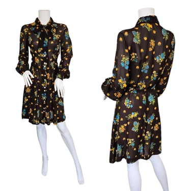 1970s Brown Floral Print Rayon Chiffon Secretary Dress I Sz Med I Pussy Bow Neck I Eric & Alex N.Y. 