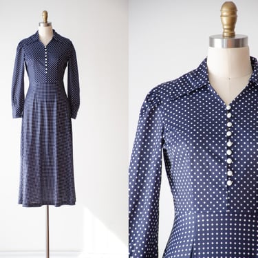 cute cottagecore dress | 70s vintage navy blue polka dot long sleeve midi dress 