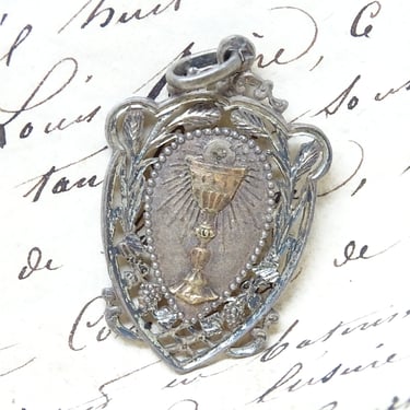 Antique small 1885 French Medal Charm Pendant, Engraved Frederie Boudin 4 Juin 1885,  With Chalice on Front 