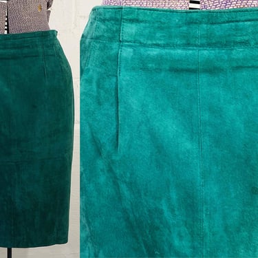 Vintage Emerald Green Suede Skirt Leather Talbots Pencil Mod Size 14 Large 1980s 