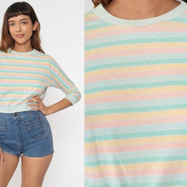 Pastel Rainbow Striped Top 80s Dolman Sleeve Crop Top Slouchy Retro Blouse 1980s Vintage Cropped Shirt Slouch Peach Pink Blue Mint Small S 