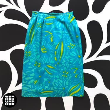 Lovely Vintage 60s Turquoise Chartreuse Green Floral Screenprint Soft Cotton Skirt 
