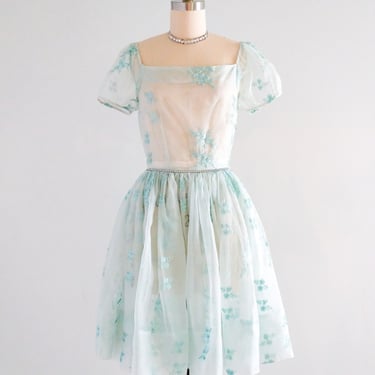 Sweetest 1950's Sheer Mint Babydoll Dress with Rhinestones / Sz XS