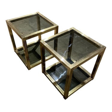 1960s Milo Baughman Style Brass Smoked Glass Side Accent Tables - a Pair 