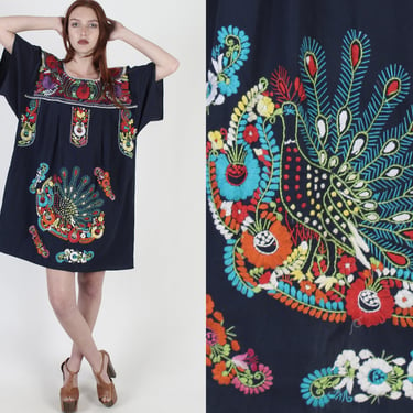 Vintage Navy Mexican Peacock Dress / Colorful Floral Embroidered Bird Shift Dress / Summer Fiesta Authentic Mexican Coverup Mini Dress XL 