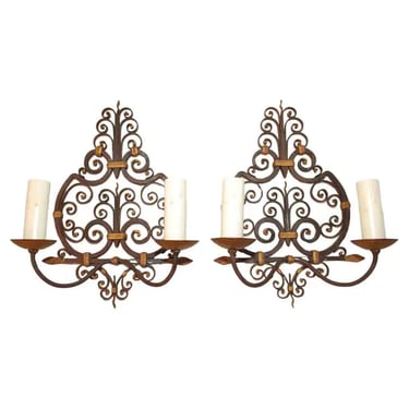 Rare pair of French 1920' wrought iron sconce