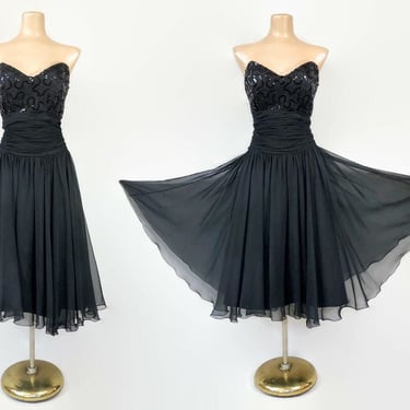 VINTAGE 80s Eugene Alexander Lace Strapless Bustier Party Dress | 1980s Designer Black Georgette Full Formal Prom Gown Larger Size | VFG 