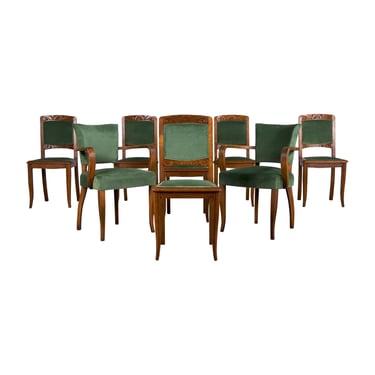 1930s French Art Deco Oak Dining Chairs W/ Green Velvet - Set of 8 