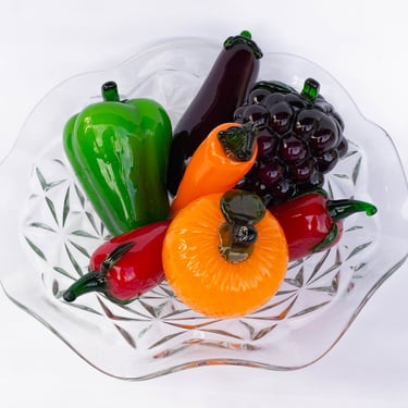 Vintage Glass Fruit and Vegetable, Vintage Glassware, Art Glass Fruit and Vegetable Carrot, Orange, Grape, Bell Pepper, Eggplant, Pepper 