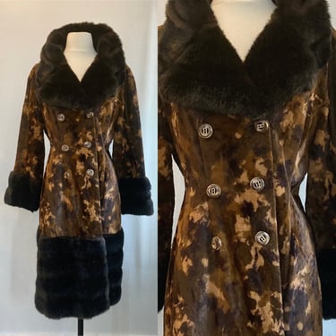 Vintage 60s 70s PENNY LANE Coat / Velveteen Abstact Animal Print + Faux Fur Trim + Double Breasted / Made in England 