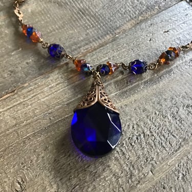 Antique Czech Glass Necklace, Deep Blue Stones, Art Deco Period, Brass Filigree Jewelry, KH 