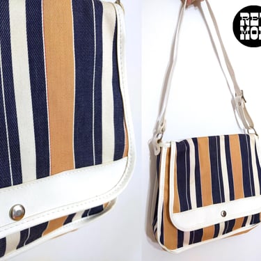 NWOT Cool Vintage 70s 80s Blue White Beige Stripe Canvas Bag 