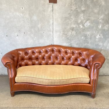 Vintage Brown Leather &amp; Fabric Camelback Tufted Chesterfield Sofa