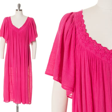 Vintage 1970s Dress | 70s Cotton Gauze Hot Pink Flutter Sleeve Embroidered Cutwork Boho Midi Day Dress (small/medium/large/x-large) 