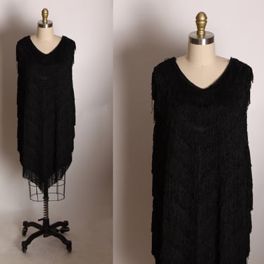 1980s Black Fringe Sleeve Shimmy and Shake Sheath Flapper Style Dress by Too-Chez -2XL 