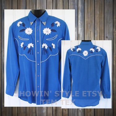 Tem Tex Vintage Western Men's Cowboy, Rodeo Shirt, Medium Blue with Embroidered Pale Blue Flowers, 16.5-35, Approx. Large (see meas. photo) 
