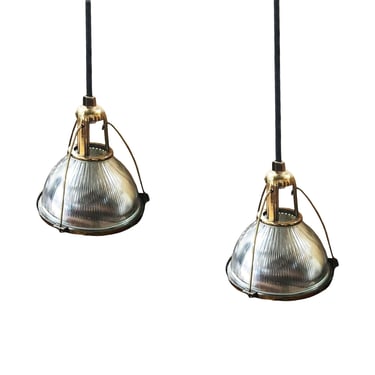 Rare Brass Plated Holophane Industrial Hanging Light Fixture, Pair 