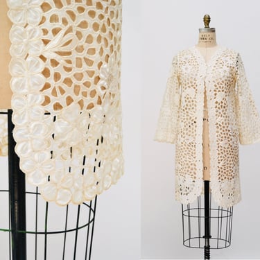 Vintage Cream Off White Cotton Eyelet lace Jacket Duster Cream Lace Jacket Beach Cover up Small Medium Lace Beach Wedding Jacket Rustans 