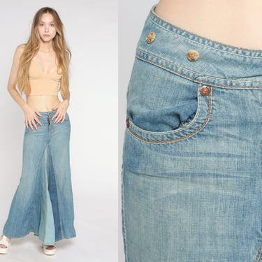 Y2k Denim Maxi Skirt Low Rise Jean Skirt Retro Pleated 00s Pop Star Glam Streetwear Grunge Light Wash Blue Vintage 2000s Extra Small xs 