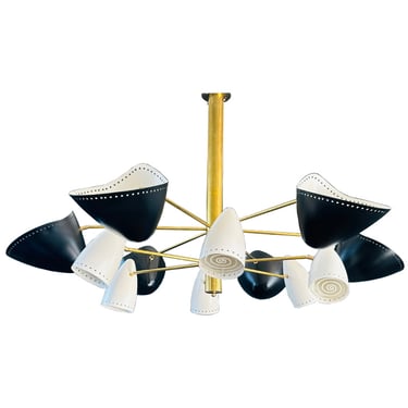 Custom Mid-Century Style Brass, Black & White Metal Perforated Shades Chandelier