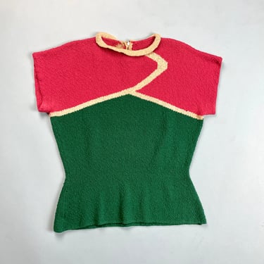 Vintage 1940s 1950s Color Block Boucle Sweater Top Metal Zipper 
