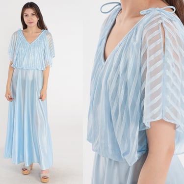 Baby Blue Gown 70s Grecian Maxi Dress Semi-Sheer Striped Flutter Sleeve Party High Waisted Long Capelet Drape Formal Vintage 1970s Small 