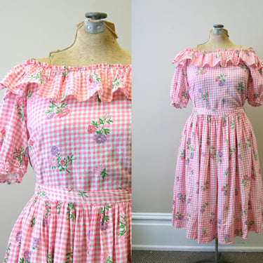 1950s Pink Gingham and Floral Two Piece Skirt Set 