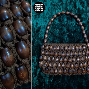 Unique Large Vintage 70s Brown Macrame & Wood Bead Handbag Purse 