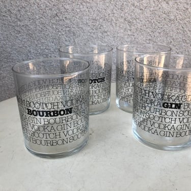 Vintage kitsch barware clear old fashions glasses set 4 black letters imprint Scotch Bourbon Gin Vodka by HBBZ Holds 10 oz 