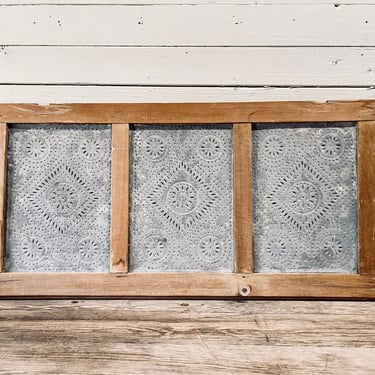 Antique Tin Message Board | Punched Tin Cupboard Door | Pie Safe Door Shabby Chic Rustic Modern Farmhouse Three Pane Window Wood and Metal 