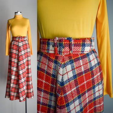 1970s Red White & Blue Wool Plaid Maxi Skirt 