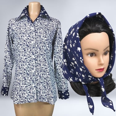 VINTAGE 70s Blouse and Head Scarf Set in Navy Floral by Neiman Marcus | 1970s Butterfly Collar Button Down Dress Shirt and Kerchief | VFG 