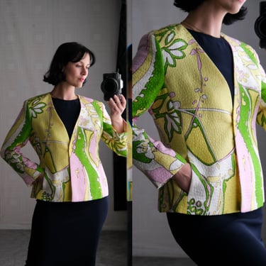 Vintage LOUIS FERAUD Silk Textured Brocade Single Button Blazer w/ Peter Max Art Style Print | Made in Germany | 1990s Y2K Designer Jacket 
