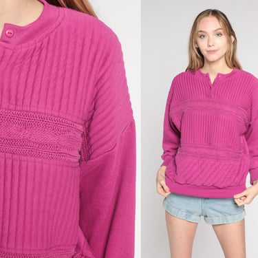 Quilted Sweatshirt 90s Fuchsia Sweatshirt Cable Knit Pullover Crewneck Sweater Henley Sweatshirt Streetwear Dark Pink Vintage 1990s Medium M 